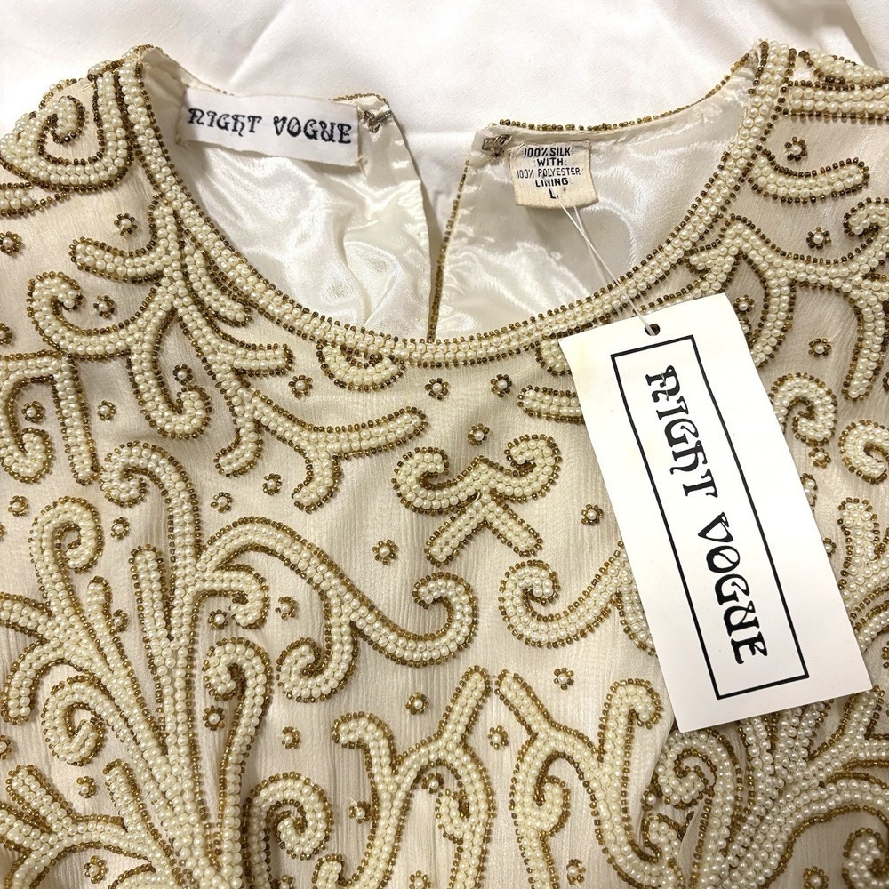 Vintage 80s Beaded Sequin Embellished Top Women's L Silk Party Glam Mob Wife NWT - Picture 4 of 10
